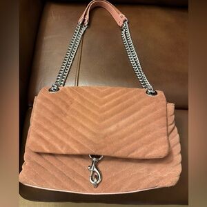 Rebecca Minkoff Edie flap shoulder bag in a quilted desert rose suede leather